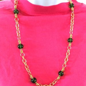 Green Beads Ion Plated Yellow Gold Necklace 52"